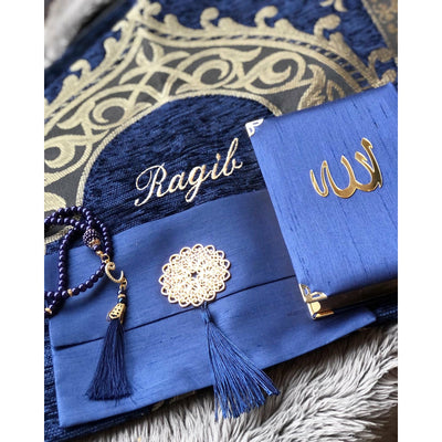 Personalised Quran Gift Set with Prayer Mat - blue - Ibadah London