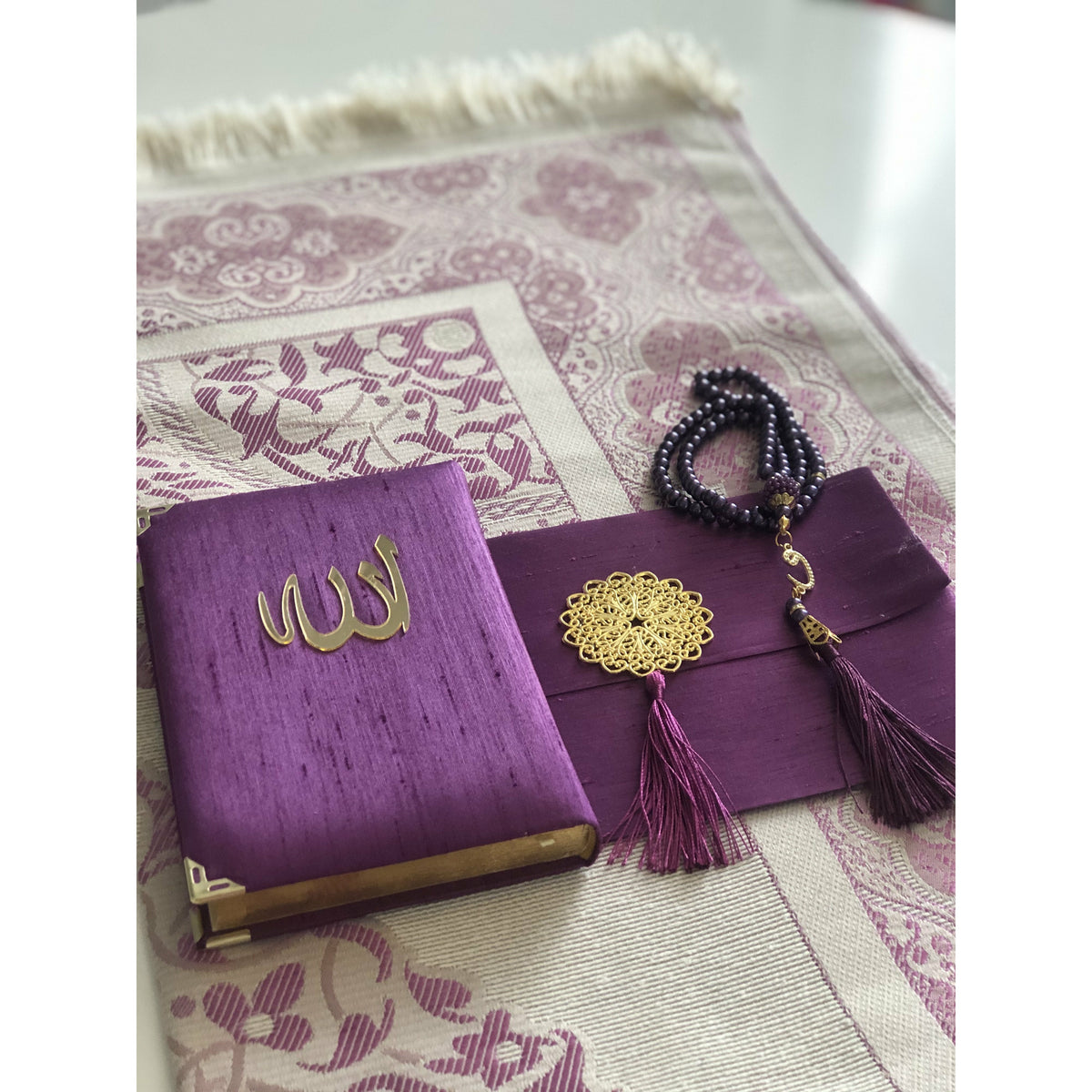 Personalised Quran Gift Set with Prayer Mat - purple